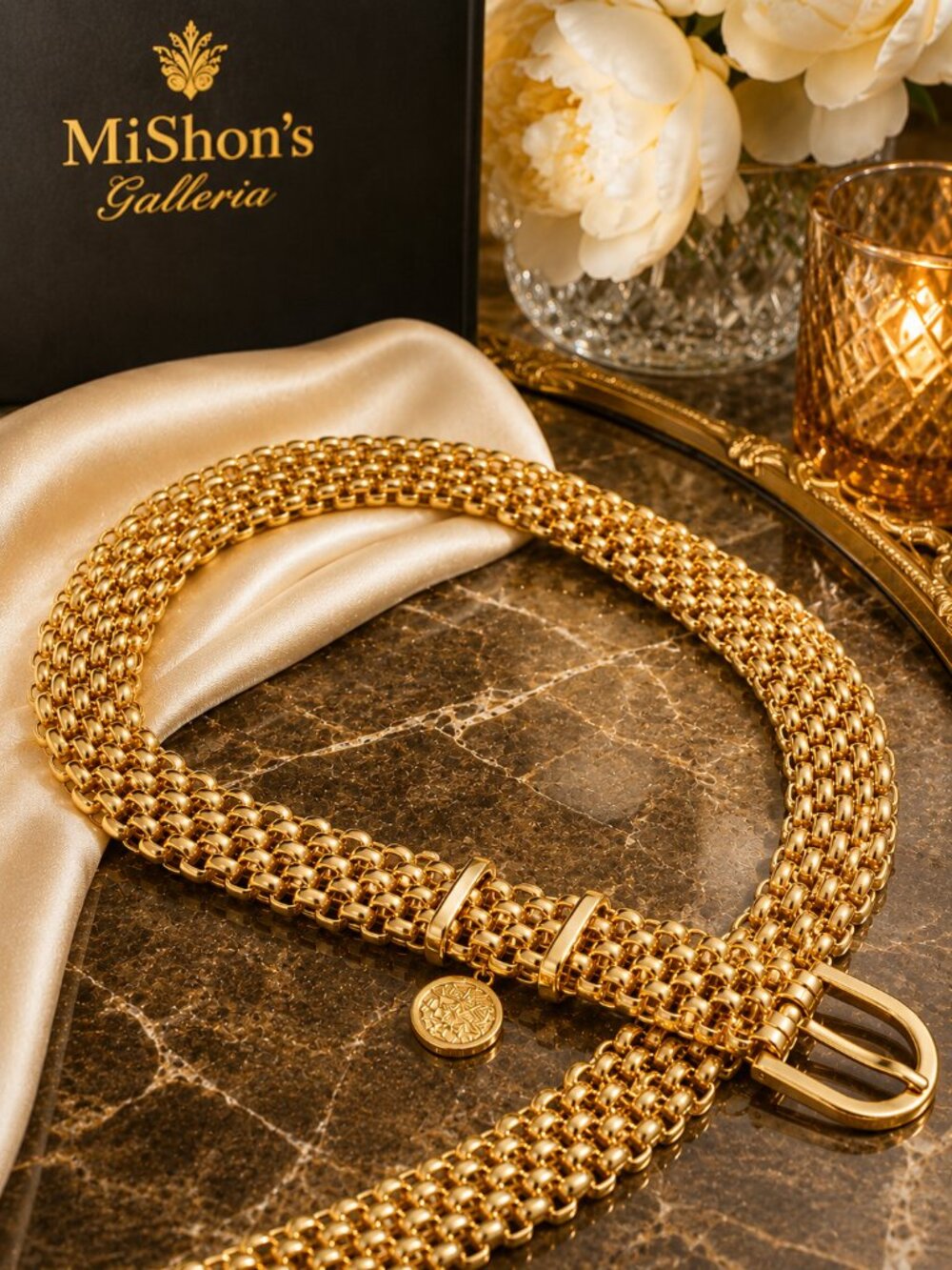 Stunning New Vince Camuto Gold Tone Triple-Row Chain Belt w Crest Medallion 45"
